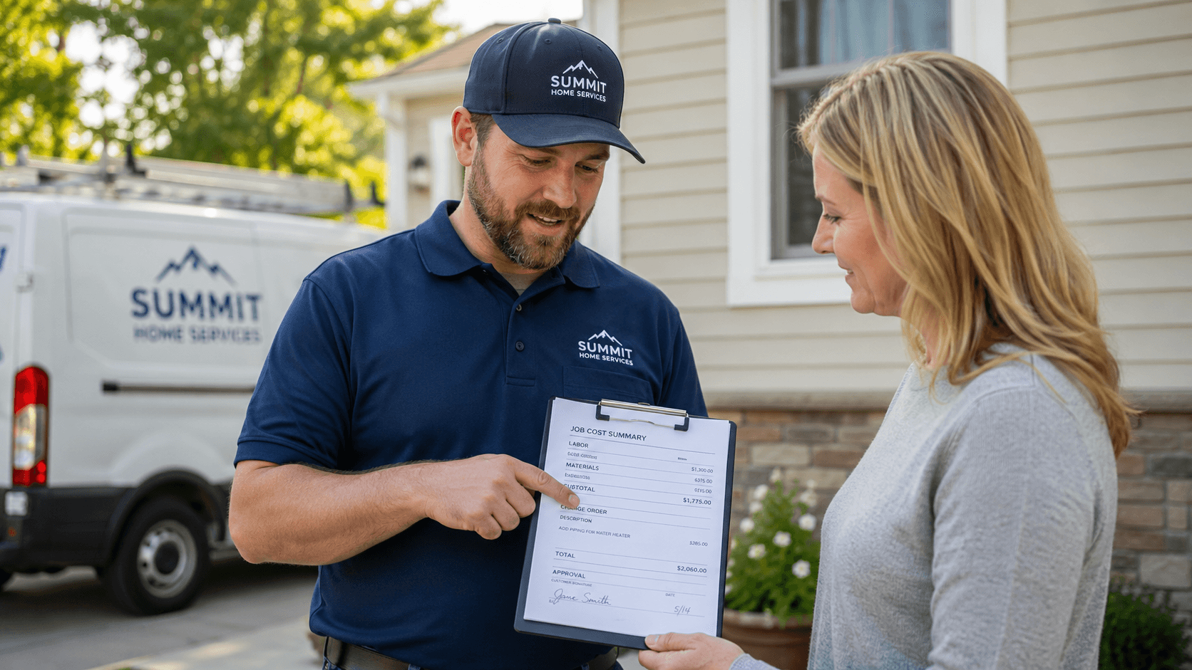 Technician reviewing a job cost summary and approval with a homeowner